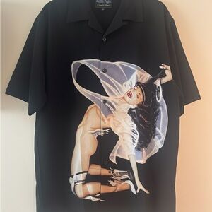 Bettie Page Black Dress Shirt with Artistic Print